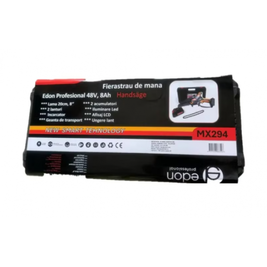 Fierastrau de mana pe acumulatori Edon Profesional 48V, 8Ah, Lama 25cm, Afisaj LCD, Ungere lant, 2 acumulatori, 2 lanturi, Incarcator, Geanta de transport MX294