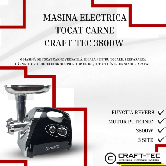 Masina electrica tocat carne NEAGRA 3800W, 3 site, accesorii rosii inclus, Craft-Tec MX976