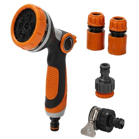 Set pistol irigat gradina 8 moduri, PORTOCALIU TOP include mufa rapida ½, ¾ , 2 conectori, MX1700